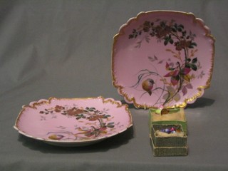 A pair of 19th Century purple coloured porcelain dishes decorated birds amidst branches 8 1/2"