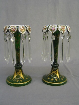 A handsome pair of Victorian green glass lustres 12"