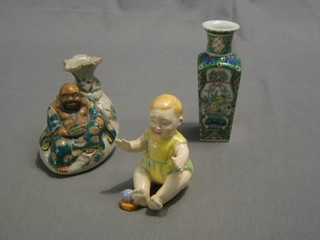 An Oriental famille vert square vase 5", a Satsuma style vase decorated seated gentleman 4" and a pottery figure of a seated child