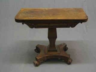 A William IV bleached mahogany card table raised on square waisted column with triform base 36"