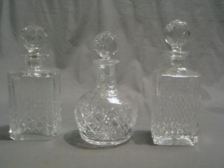 A club shaped cut glass decanter 8" and 2 spirit decanters