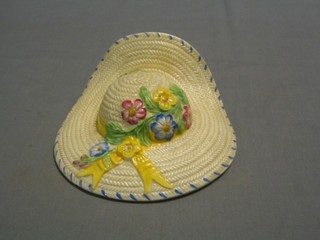 An Art Deco Solian ware pottery wall pocket in the form of a lady's straw hat 7"