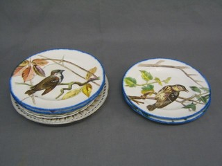 4 circular porcelain plates decorated birds amidst branches 9" and 4 ribbon ware plates