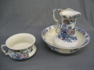 A 19th/20th Century 3 piece pottery wash set comprising wash bowl, jug and chamber pot with Masons style decoration
