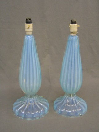 A pair of reeded Vaseline glass table lamps 16"