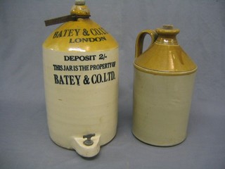 A Bovancroft Pottery flagon marked Batey & Co Ltd London, deposit 2 shillings This jar is the property of Batey & Co, impressed 1932, Bovancroft Pottery 14 Purley-Glasgow, and 1 other unmarked flagon