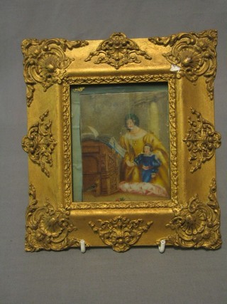 A 19th Century oil on ivory panel depicting Tudor figures in prayer (crack to panel) 4 1/2" x 4"