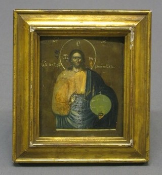 An Icon, oil on wooden panel "Christ with a Girl and a Globe" 4" x 3 1/2"