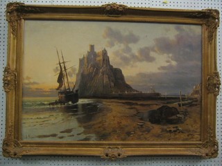 J Syer, Victorian oil painting on canvas "St Michael's Mount with Fishing Boats and Sailing Ship"  24" x 35" signed and dated 1880