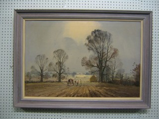 Marcus Ford, oil on canvas "Autumnal Scene with Figures Harvesting with Cart", signed,  19" x 29"