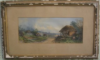 A coloured print "Figures Sheltering by a Road, Windmill in Distance" 7" x 18" signed and dated 1866