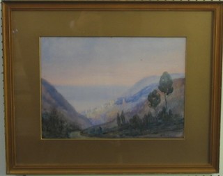 D Basken, impressionist watercolour "Continental Valley"  10" x 14" signed