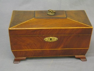 A Georgian twin compartment tea caddie of sarcophagus form with hinged lid, the interior with bowl receptical and 2 caddies, raised on ogee bracket feet 11" (hinge loose)