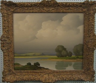 Pierre de Clausade, oil painting on canvas "Loire Landscape - Estuary Scene with Trees" 20" x 25" signed 