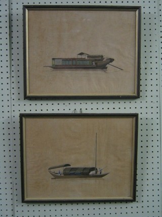 A pair of Oriental watercolours on rice paper "Boats with Figures" 11" x 14"