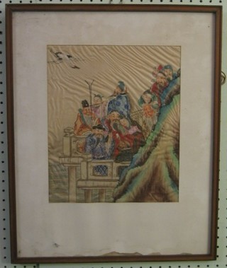 An Oriental painting on silk "Figures" 12" x 9 1/2"