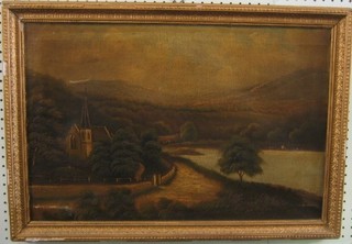 19th Century oil on canvas "Valley with Lake Bridge and Church"  15" x 23"