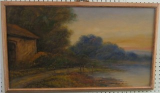 19th Century oil painting on board "Lake with Trees and Outbuilding" 14" x 24"