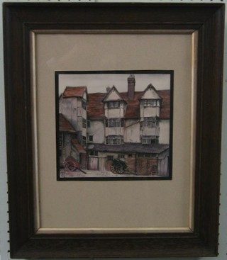 A coloured print "Stable Yard with Geese" 7 1/2" x 8" in an oak frame