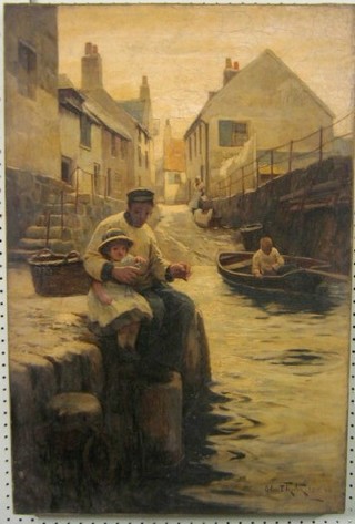 Adam E Proctor, oil on canvas "Seated Cornish Fisherman with Child" signed and dated '98, 30" x 20" (some cracking to canvas)