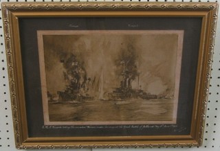 A monochrome print "HMS Warspite Taking The Wounded Warriors Under Her Wing, At The Great Battle of Jutland 31 May 1916" 8" x 11"