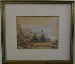 19th Century watercolour drawing "Fisherfolk with Barges in Distance" monogrammed J D, 8" x 10"