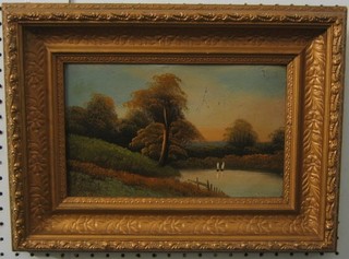 19th Century oil painting on board "River with Sailing Boats" 6" x 10"