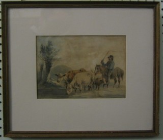 19th Century watercolour "Figure Driving Cattle" 5" x 8",  signed P Larcave??