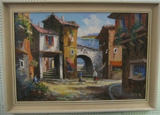 Aller, Italian School, oil on board "Impressionist Street Scene with Figures" 23" x 35"