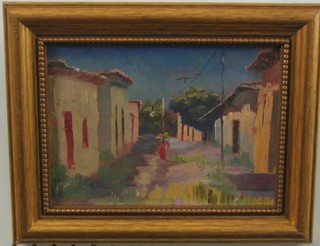 Oil painting on board "Street Scene Santa Maita Colombia" 6" x 8 1/2"