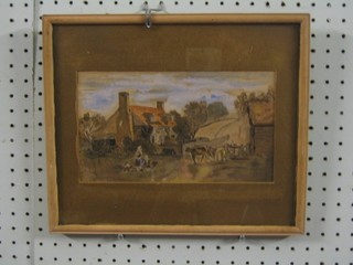 18th/19th Century naive watercolour "Country Lane with Driven Cattle, Cottage with Figures" 6" x 9"