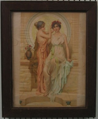 A 19th/20th Century print on silk "Two Classical Ladies" 13" x 10" contained in an oak frame