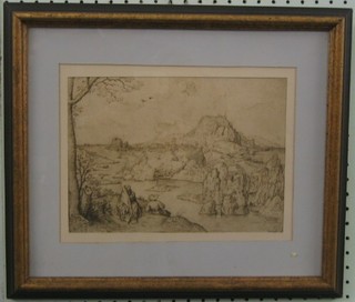 An 18th Century monochrome print "Reclining Figures by an Estuary with Mountains and Encampment in Distance" 8" x 11"