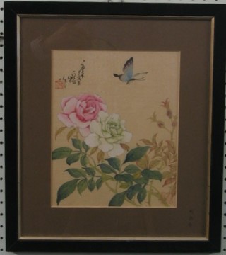 Eastern Oriental painting on silk "Roses with Butterflies" 10" x 8" with seal mark