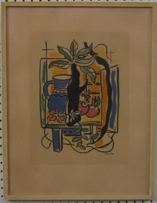 F L, modernist limited edition coloured print, "Still Life Study of a Jug" dated 51, monogrammed 12" x 9"