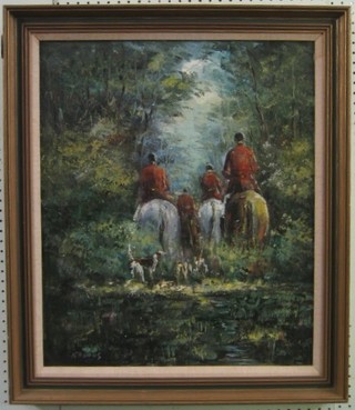 R A Bous, impressionist oil on board "Fox Hunters in Cover with Hounds" 24" x 20"