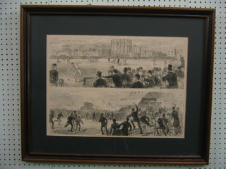 A Victorian monochrome print "Australian Cricket Match at Kennington Oval" 14" x 20", the reverse with account of the match