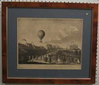 An 18th/19th Century coloured print "View of Mr Lunardi's Balloon at The Time of His Ascent From the Ground of the Honourable Artillery Company" 10" x 12", the reverse with Leoframes label