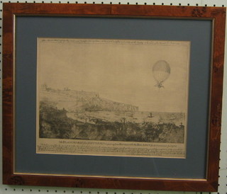 An 18th/19th Century monochrome print "Mr Blanchard & Dr Jefferies Departing From Dover with the Balloon 1758" 10" x 13", the reverse with Leoframes label