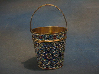 A champs leve enamelled ice pail with swing handle the base marked Pantiech 5"    