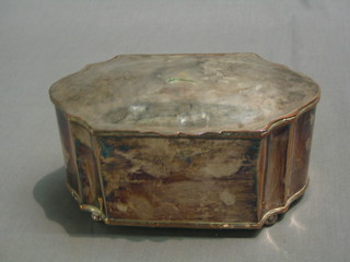 A 19th Century Georgian style shaped silver plated biscuit box with hinged lid, raised on 4 bun feet 7 1/2" (old repair to hinge)