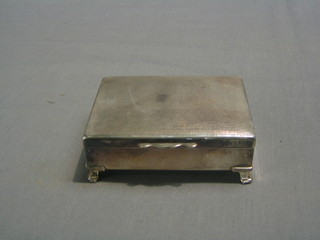 A rectangular silver plated trinket box with hinged lid, raised on hoof feet 4 1/2", a pewter match slip 2" and a silver plated meat skewer 16"