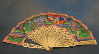 A 19th Century Oriental pierced bone fan with painted decoration