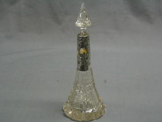 A cut glass waisted perfume bottle with silver collar 8"