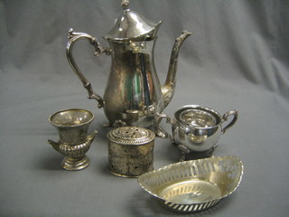 A modern silver plated coffee pot, twin handled sugar bowl, a boat shaped dish 6", an oval Continental silver jar and cover 3", a silver plated salt, do. vase 3"  and a collection of plated flatware