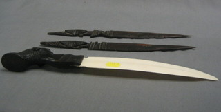 An Eastern ivory paper knife with carved hardwood handle in the form of a bust of a gentleman 15" and 2 other carved wooden paper knives