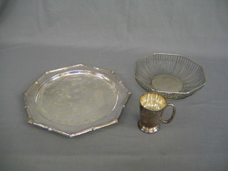 An octagonal silver plated chinoiserie style salver 14", a pierced silver bowl 10" and a half pint tankard