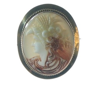 A shell carved cameo portrait brooch in the form of a classical lady with gilt metal mount