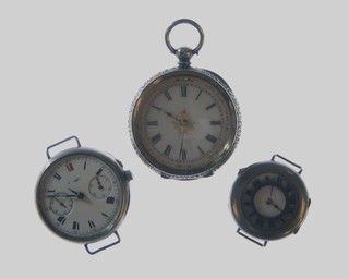 A lady's open faced silver cased pocket watch and 2 silver cased wristwatches (f)