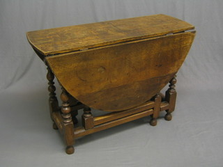 A 17th/18th Century oak drop flap gateleg dining table, fitted 2 drawers raised on turned supports 42" (split to top)
